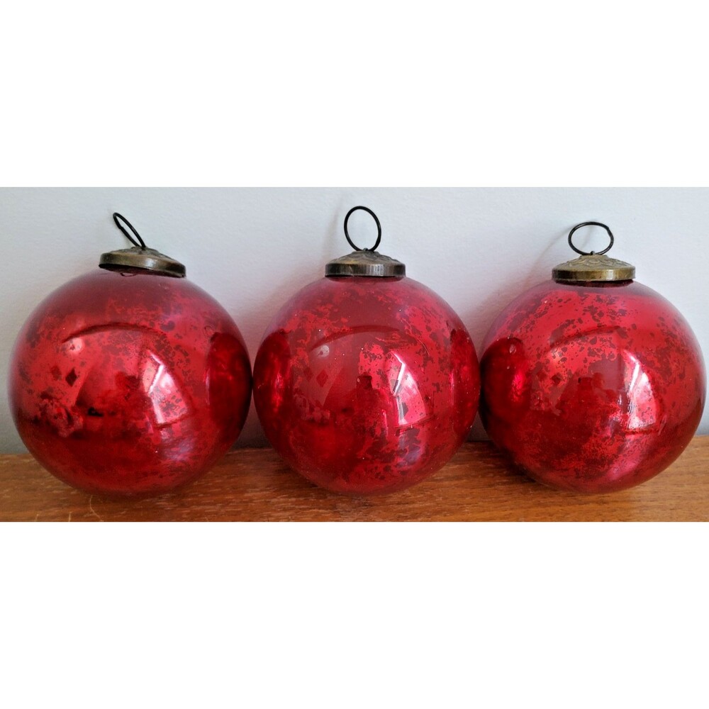 Vintage Kugel Christmas Ornament set 3 Red 4.5" Spheres Ball Glass Mercury Heavy